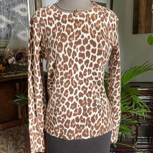 J. Crew Cashmere Brown and Cream Animal Print Long Sleeve Top
